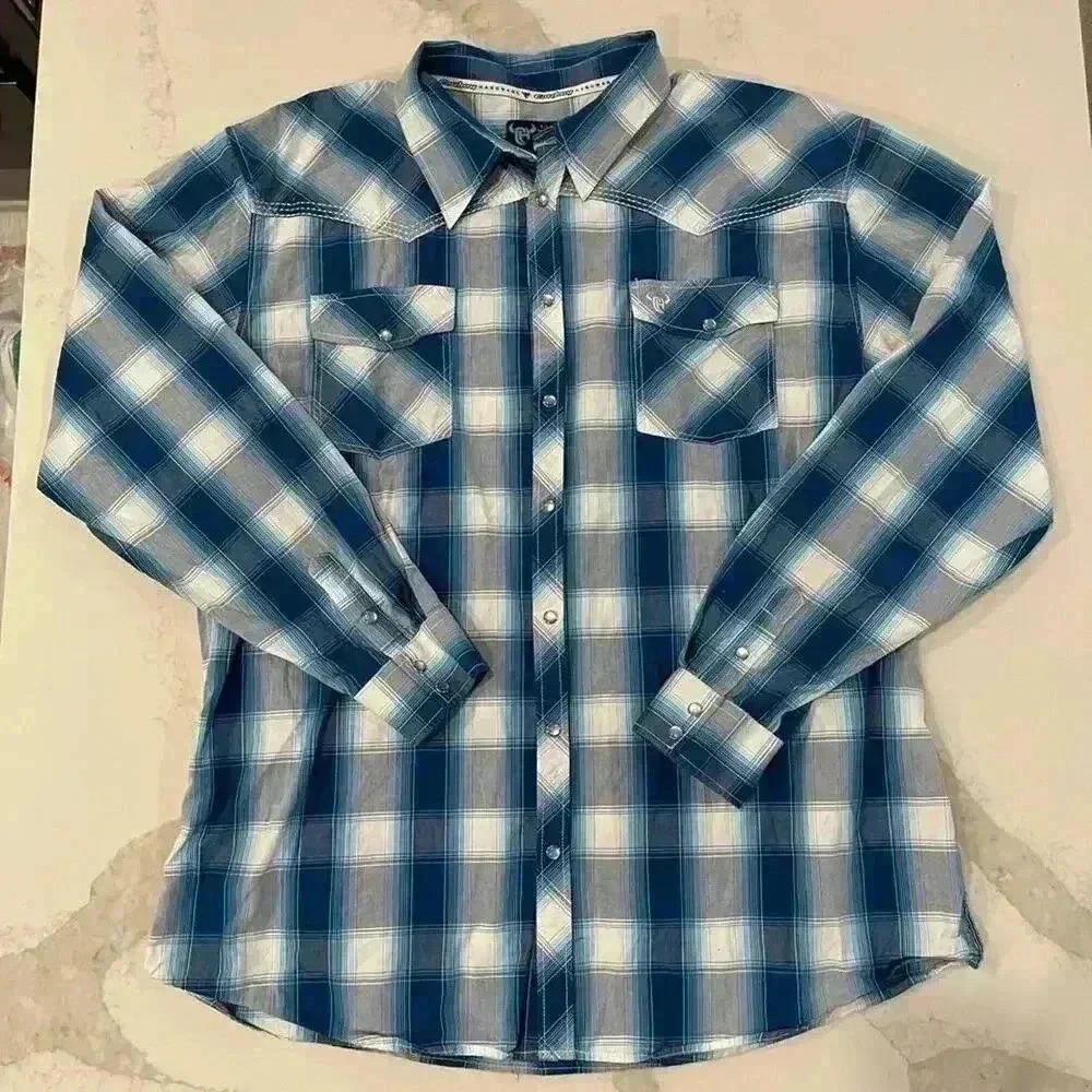 Cowboy Hardware Royal Classic Blue Plaid Long Sleeve Western Shirt Mens XXL Snap